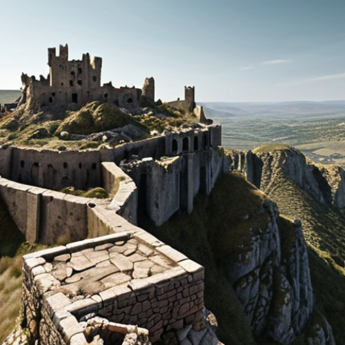 Home 11 **
> A panoramic view of Serendia, focusing on the ruined Cron Castle perched high on a cliff. Emphasize the rugged landscape and the feeling of a war-torn land. Include remnants of past battles and a sense of history and decay.
**