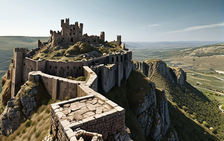 **
> A panoramic view of Serendia, focusing on the ruined Cron Castle perched high on a cliff. Emphasize the rugged landscape and the feeling of a war-torn land. Include remnants of past battles and a sense of history and decay.
**